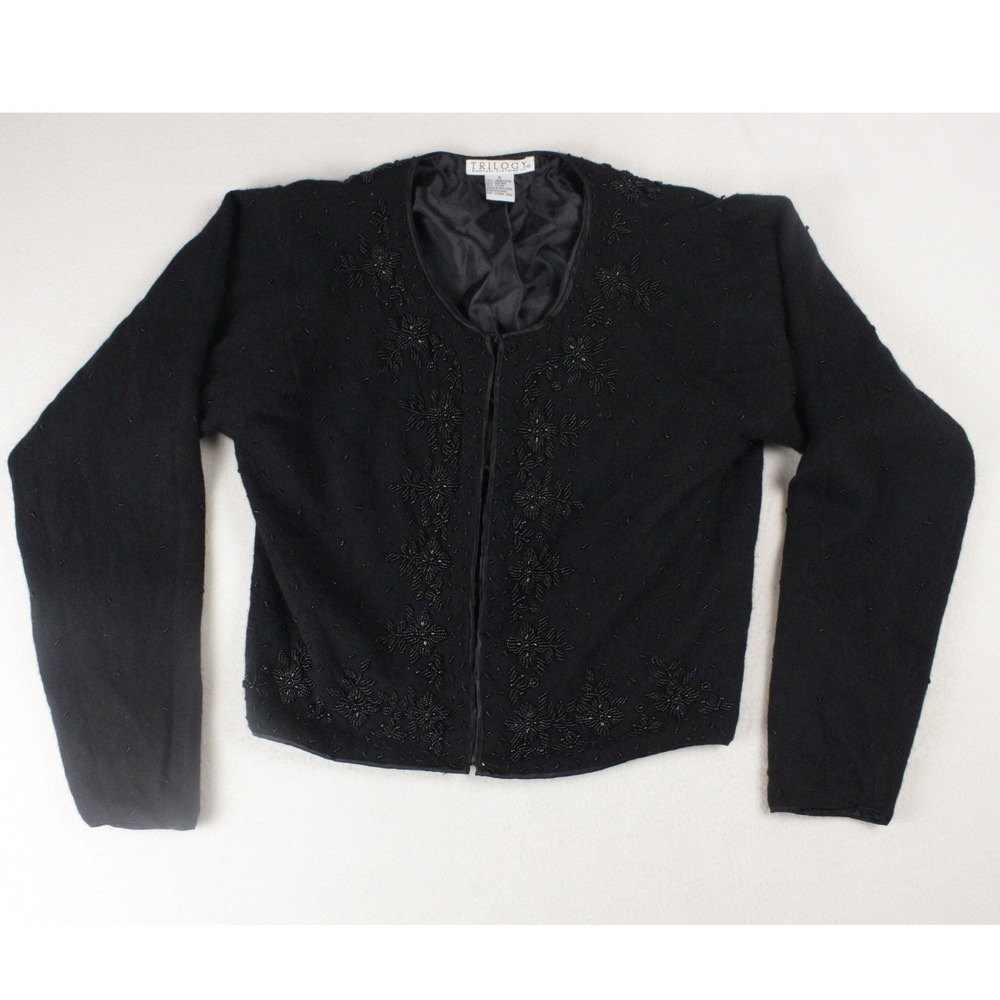 Vintage 90s Beaded Angora Cardigan Black Cropped Office Goth Whimsigoth S